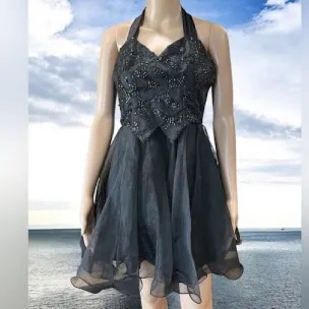 FAVIANA PM: BLACK CHIFFON HALTER COCKTAIL DRESS SIZE 13/14